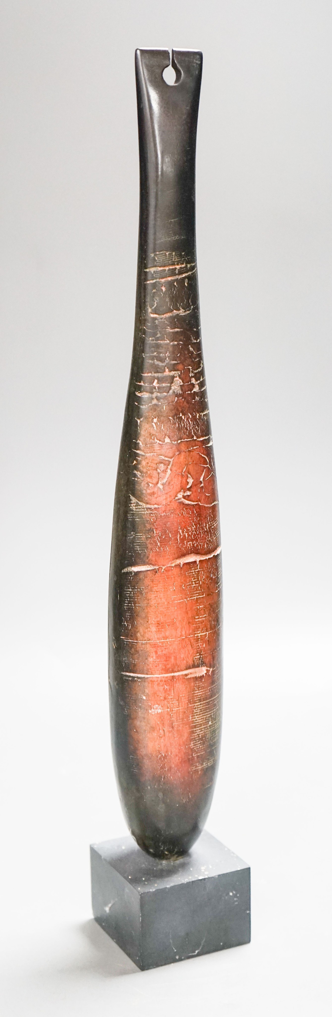 Peter Hayes (b.1946), a brown burnished raku ‘standing stone' sculpture, on a slate plinth 38cm